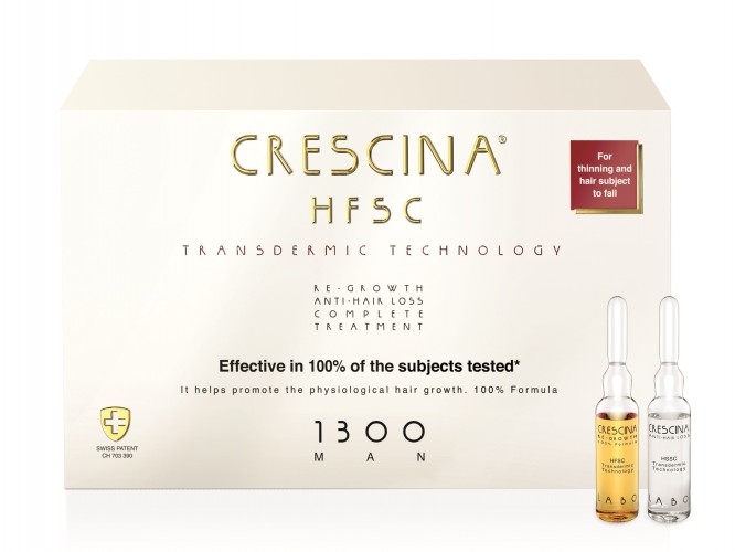 CRESCINA TRANSDERMIC COMPLETE TREATMENT 100% ampulių kompleksas plaukų slinkimo stabdymui ir plaukų atauginimui VYRAMS, 1300 stiprumo, 20 vnt. (10+10)